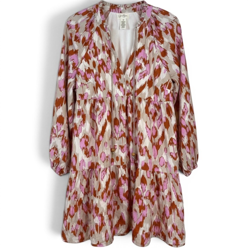 Jessica Simpson Earthy Ikat Tiered Mini Dress L/S •M• Cottagecore Peasant Boho